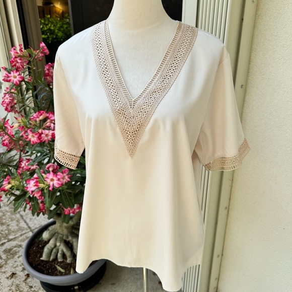 Beautiful Tan/ Cream Tunic w/ Lace Trim around neckline/hem of sleeves.S… - Picture 5 of 13